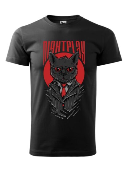 Męska koszulka z krótkim rękawem i wizerunkiem kota w garniturze i okularach oraz napisem Nightplay. Koszulka czarna.