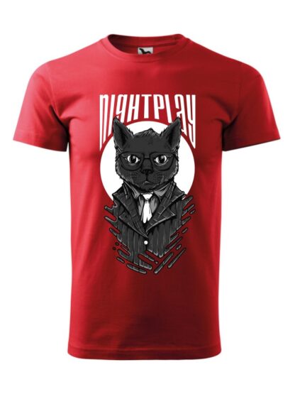 Męska koszulka z krótkim rękawem i wizerunkiem kota w garniturze i okularach oraz napisem Nightplay. Koszulka czerwona.