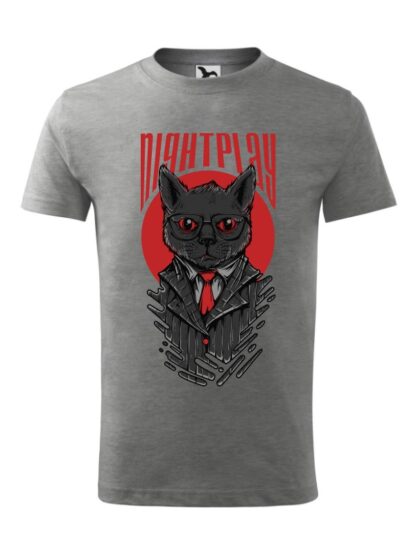 Męska koszulka z krótkim rękawem i wizerunkiem kota w garniturze i okularach oraz napisem Nightplay. Koszulka szara.