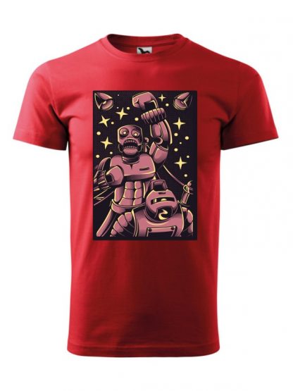 Męska koszulka z krótkim rękawem i komiksowym nadrukiem bokserskiej walki robotów. Koszulka czerwona.