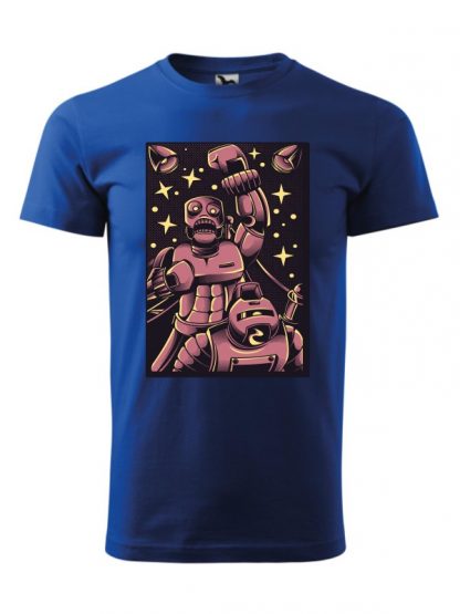 Męska koszulka z krótkim rękawem i komiksowym nadrukiem bokserskiej walki robotów. Koszulka niebieska.