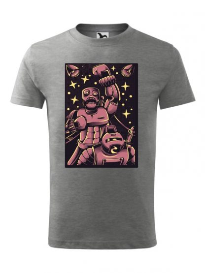 Męska koszulka z krótkim rękawem i komiksowym nadrukiem bokserskiej walki robotów. Koszulka szara.