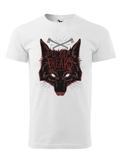 Męska koszulka z krótkim rękawem i czarnym motywem wilka oraz napisem We Are Freaks. Koszulka czarna.