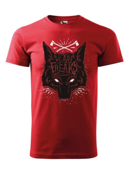 Męska koszulka z krótkim rękawem i czarnym motywem wilka oraz napisem We Are Freaks. Koszulka czerwona.