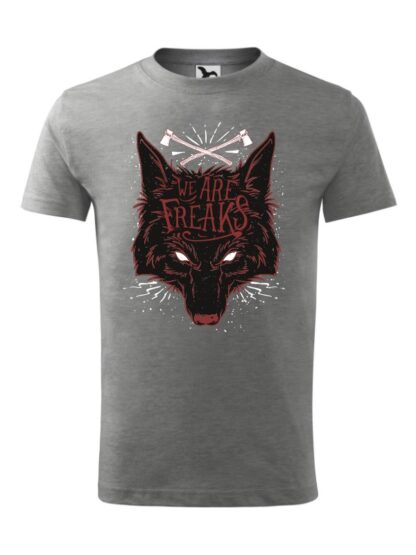 Męska koszulka z krótkim rękawem i czarnym motywem wilka oraz napisem We Are Freaks. Koszulka szara.