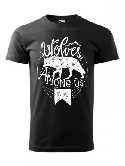 Męska koszulka z krótkim rękawem i białym nadrukiem wilka oraz napisem Wolves Among Us. Koszulka czarna.