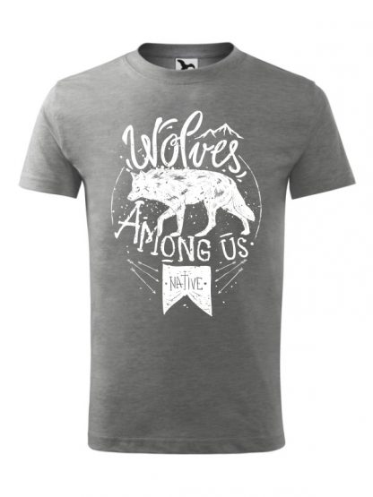 Męska koszulka z krótkim rękawem i białym nadrukiem wilka oraz napisem Wolves Among Us. Koszulka szara.