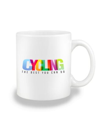 Biały kubek ceramiczny z kolorowym napisem Cycling, The Best You Can Do. Nadruk dwustronny.