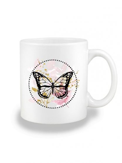 Biały kubek ceramiczny z kolorowym motywem motyla w stylu boho. Nadruk dwustronny.