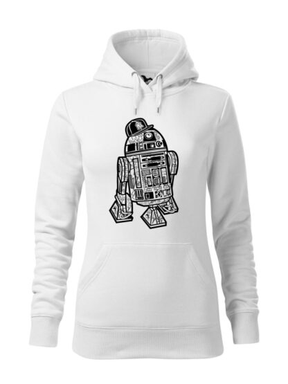 Biała bluza damska z czarno-białą grafiką droida, inspirowaną serią popularnych filmów sci-fi. Bluza typu „kangur” z kapturem.