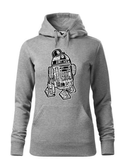 Szara bluza damska z czarno-białą grafiką droida, inspirowaną serią popularnych filmów sci-fi. Bluza typu „kangur” z kapturem.