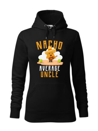 Czarna bluza damska z kolorowym, zabawnym nadrukiem człowieka-nacho z gitarą oraz napisem Nacho Average Uncle. Bluza typu „kangur” z kapturem.