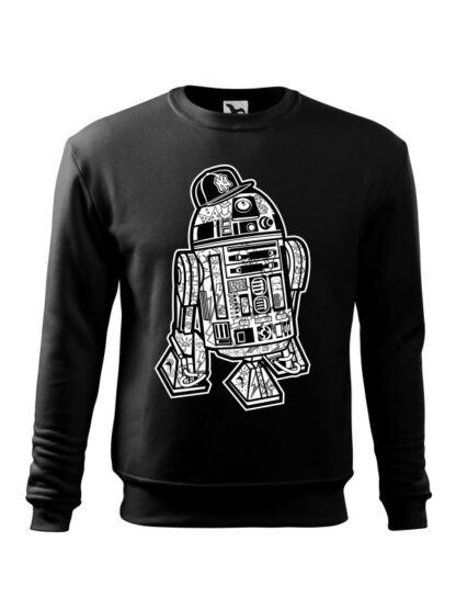 Czarna bluza męska z czarno-białą grafiką droida, inspirowaną serią popularnych filmów sci-fi. Bluza wkładana, bez kaptura.