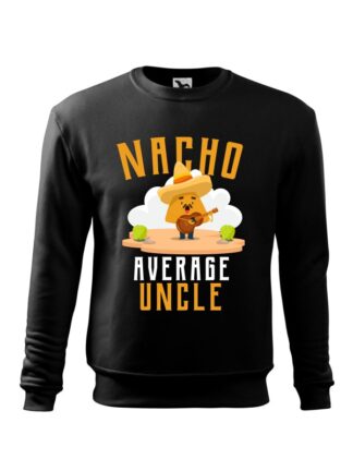 Czarna bluza męska z kolorowym, zabawnym nadrukiem człowieka-nacho z gitarą oraz napisem Nacho Average Uncle. Bluza wkładana, bez kaptura.