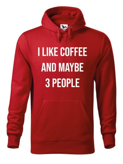 Czerwona bluza męska z kontrastującym napisem I Like Coffee And Maybe 3 People. Bluza typu „kangur” z kapturem.