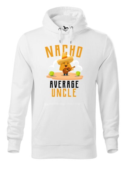 Biała bluza męska z kolorowym, zabawnym nadrukiem człowieka-nacho z gitarą oraz napisem Nacho Average Uncle. Bluza typu „kangur” z kapturem.