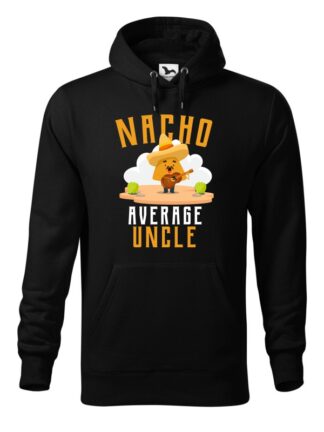 Czarna bluza męska z kolorowym, zabawnym nadrukiem człowieka-nacho z gitarą oraz napisem Nacho Average Uncle. Bluza typu „kangur” z kapturem.