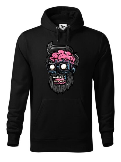 Czarna bluza męska z kolorową, rysunkową grafiką głowy Zombie. Bluza typu „kangur” z kapturem.