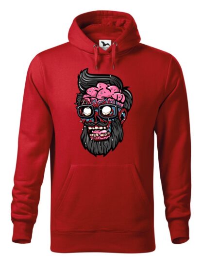 Czerwona bluza męska z kolorową, rysunkową grafiką głowy Zombie. Bluza typu „kangur” z kapturem.
