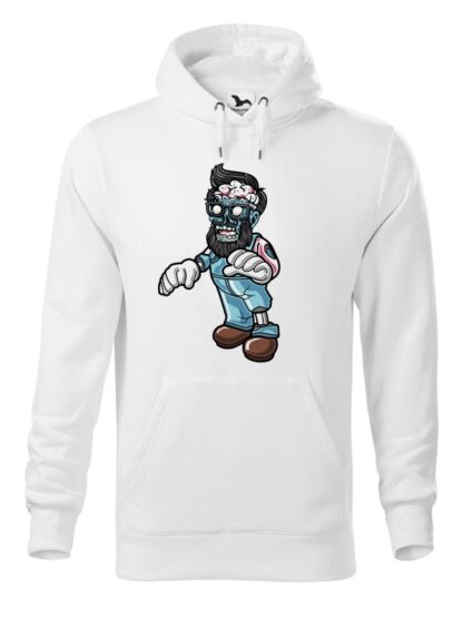 Biała bluza męska z kolorową, rysunkową grafiką zombie. Bluza typu „kangur” z kapturem.