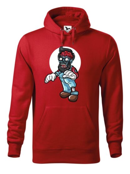 Czerwona bluza męska z kolorową, rysunkową grafiką zombie. Bluza typu „kangur” z kapturem.