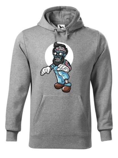 Szara bluza męska z kolorową, rysunkową grafiką zombie. Bluza typu „kangur” z kapturem.
