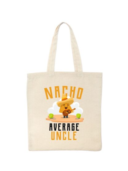 Ekologiczna ekotorba bawełniana w kolorze ecru, z kolorowym, zabawnym nadrukiem człowieka-nacho z gitarą oraz napisem Nacho Average Uncle.