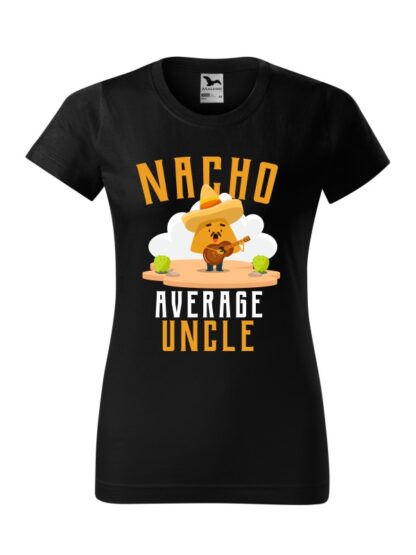 Damska koszulka z krótkim rękawem i kolorowym, zabawnym nadrukiem człowieka-nacho z gitarą oraz napisem Nacho Average Uncle. Koszulka o kroju klasycznym, w kolorze czarnym.