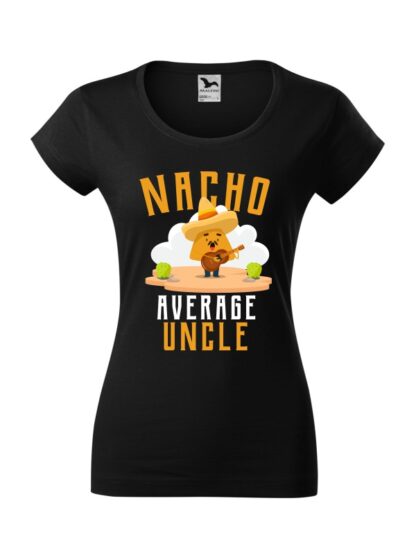 Damska koszulka z krótkim rękawem i kolorowym, zabawnym nadrukiem człowieka-nacho z gitarą oraz napisem Nacho Average Uncle. Koszulka o kroju slim-fit z dekoltem, w kolorze czarnym.