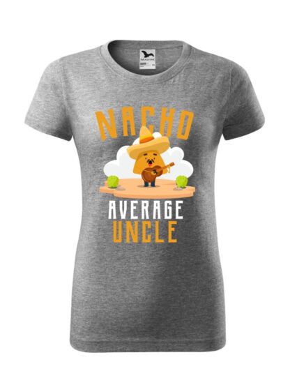 Damska koszulka z krótkim rękawem i kolorowym, zabawnym nadrukiem człowieka-nacho z gitarą oraz napisem Nacho Average Uncle. Koszulka o kroju klasycznym, w kolorze szarym.