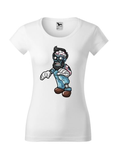 Damska koszulka z krótkim rękawem i kolorową, rysunkową grafiką zombie. Koszulka o kroju slim-fit z dekoltem, w kolorze białym.