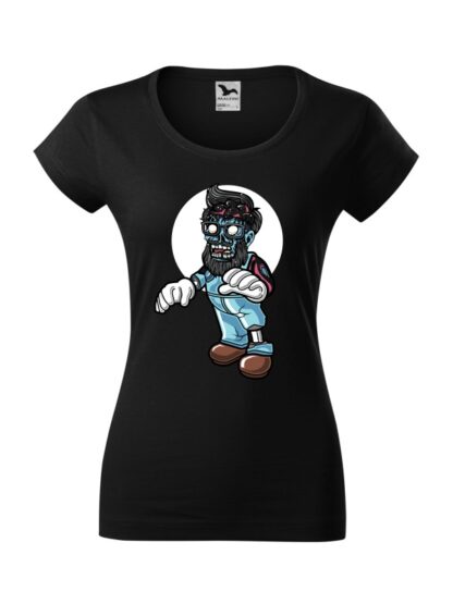 Damska koszulka z krótkim rękawem i kolorową, rysunkową grafiką zombie. Koszulka o kroju slim-fit z dekoltem, w kolorze czarnym.