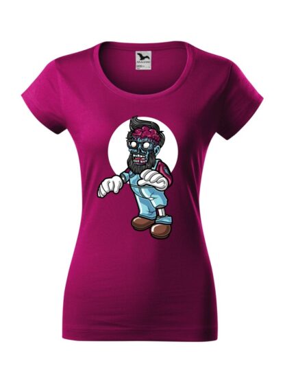 Damska koszulka z krótkim rękawem i kolorową, rysunkową grafiką zombie. Koszulka o kroju slim-fit z dekoltem, w kolorze fuksja.