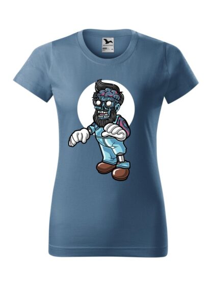 Damska koszulka z krótkim rękawem i kolorową, rysunkową grafiką zombie. Koszulka o kroju standardowym, w kolorze jeans.