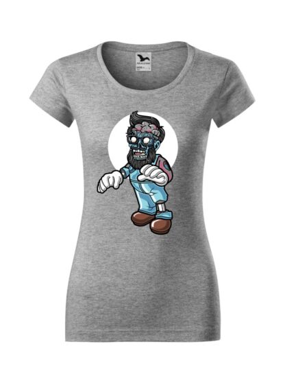 Damska koszulka z krótkim rękawem i kolorową, rysunkową grafiką zombie. Koszulka o kroju slim-fit z dekoltem, w kolorze szarym.