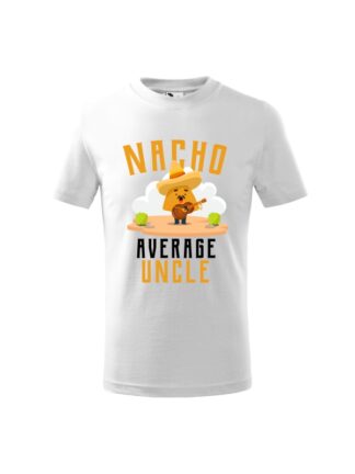 Dziecięca koszulka z krótkim rękawem i kolorowym, zabawnym nadrukiem człowieka-nacho z gitarą oraz napisem Nacho Average Uncle. Koszulka biała.