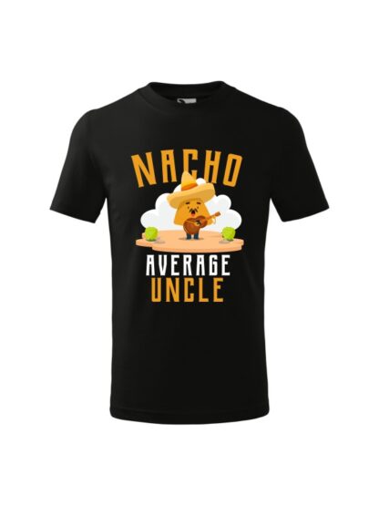 Dziecięca koszulka z krótkim rękawem i kolorowym, zabawnym nadrukiem człowieka-nacho z gitarą oraz napisem Nacho Average Uncle. Koszulka czarna.