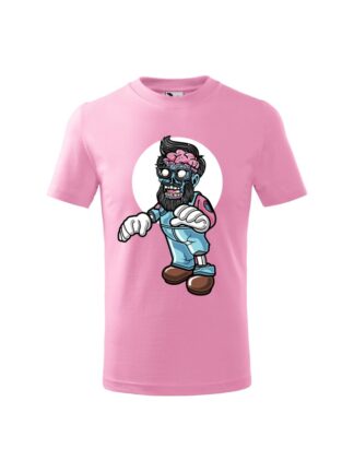 Dziecięca koszulka z krótkim rękawem i kolorową, rysunkową grafiką zombie. Koszulka różowa.