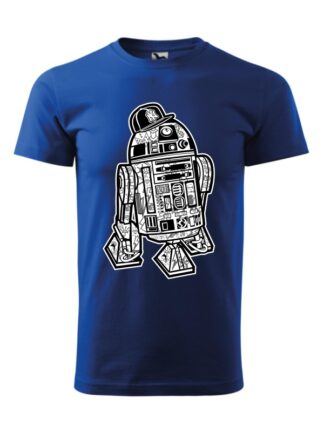 Męska koszulka z krótkim rękawem i czarno-białą grafiką droida, inspirowaną serią popularnych filmów sci-fi. Koszulka niebieska.