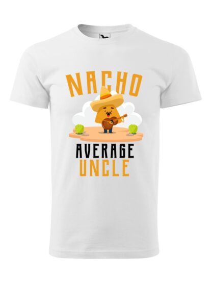 Męska koszulka z krótkim rękawem i kolorowym, zabawnym nadrukiem człowieka-nacho z gitarą oraz napisem Nacho Average Uncle. Koszulka biała.
