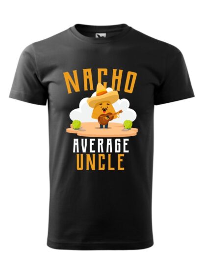 Męska koszulka z krótkim rękawem i kolorowym, zabawnym nadrukiem człowieka-nacho z gitarą oraz napisem Nacho Average Uncle. Koszulka czarna.