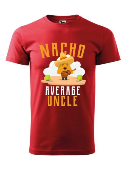 Męska koszulka z krótkim rękawem i kolorowym, zabawnym nadrukiem człowieka-nacho z gitarą oraz napisem Nacho Average Uncle. Koszulka czerwona.
