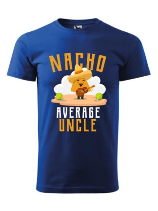 Męska koszulka z krótkim rękawem i kolorowym, zabawnym nadrukiem człowieka-nacho z gitarą oraz napisem Nacho Average Uncle. Koszulka niebieska.