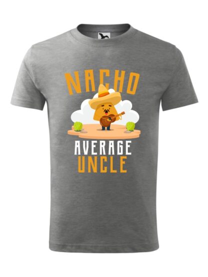 Męska koszulka z krótkim rękawem i kolorowym, zabawnym nadrukiem człowieka-nacho z gitarą oraz napisem Nacho Average Uncle. Koszulka szara.