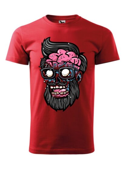 Męska koszulka z krótkim rękawem i kolorową, rysunkową grafiką głowy Zombie. Koszulka czerwona.