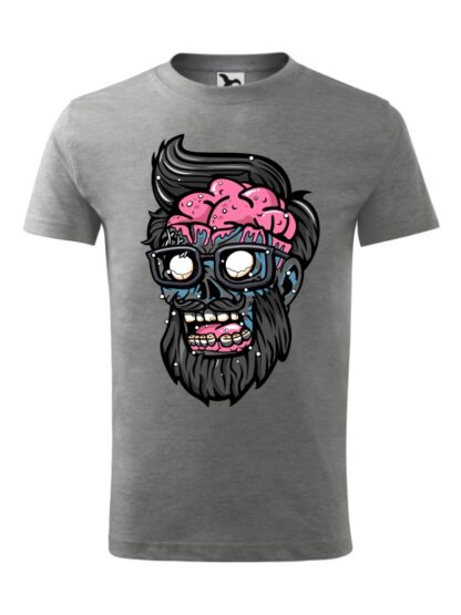 Męska koszulka z krótkim rękawem i kolorową, rysunkową grafiką głowy Zombie. Koszulka szara.