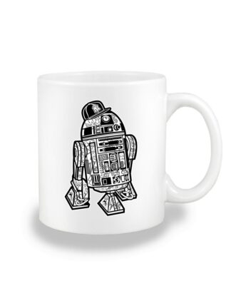 Biały kubek ceramiczny z czarno-białą grafiką droida, inspirowaną serią popularnych filmów sci-fi. Nadruk dwustronny.