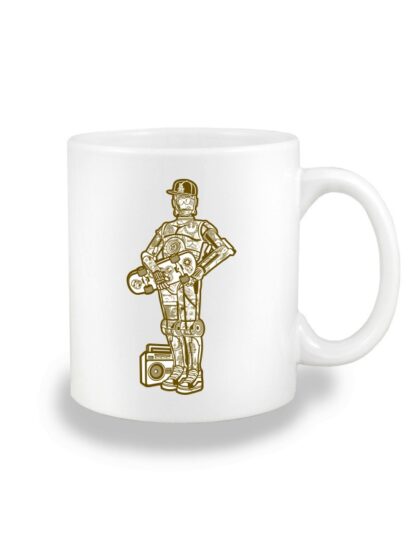 Biały kubek ceramiczny z monochromatyczną grafiką droida, inspirowaną serią popularnych filmów sci-fi. Nadruk dwustronny.