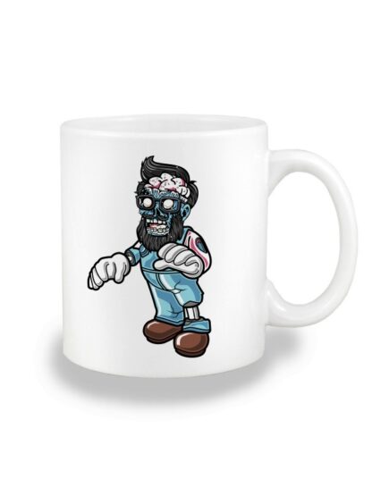 Biały kubek ceramiczny z kolorową, rysunkową grafiką zombie. Nadruk dwustronny.