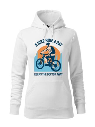 Biała, wkładana bluza damska typu „kangur”, z kolorowym nadrukiem kolarza MTB oraz napisem A Bike Ride A Day Keeps The Doctor Away.